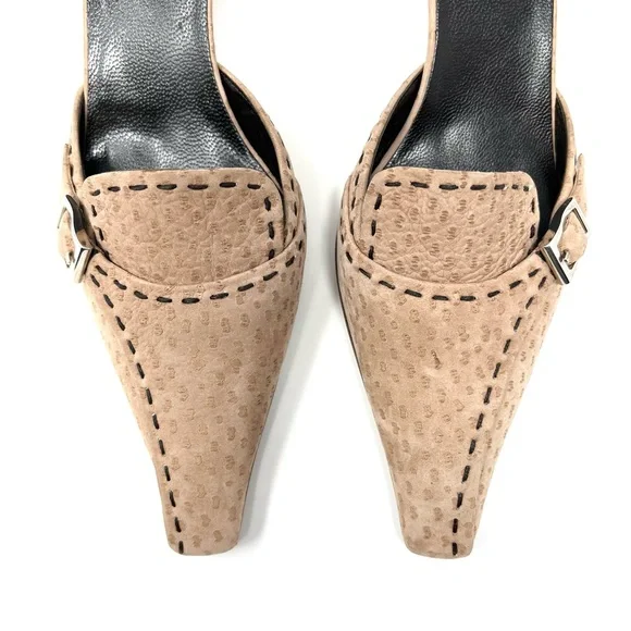 Vintage Prada 90s Y2K Ostrich Tan Brown Buckle Kitten Heels Pumps Shoes 37.5 7.5